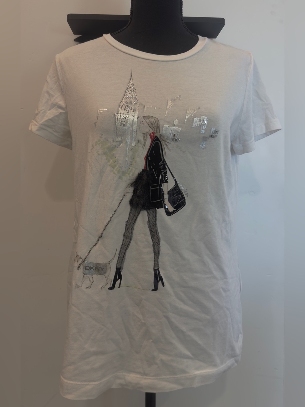DKNY White Long Sleeve Graphic Tee with Silver Foil Accents